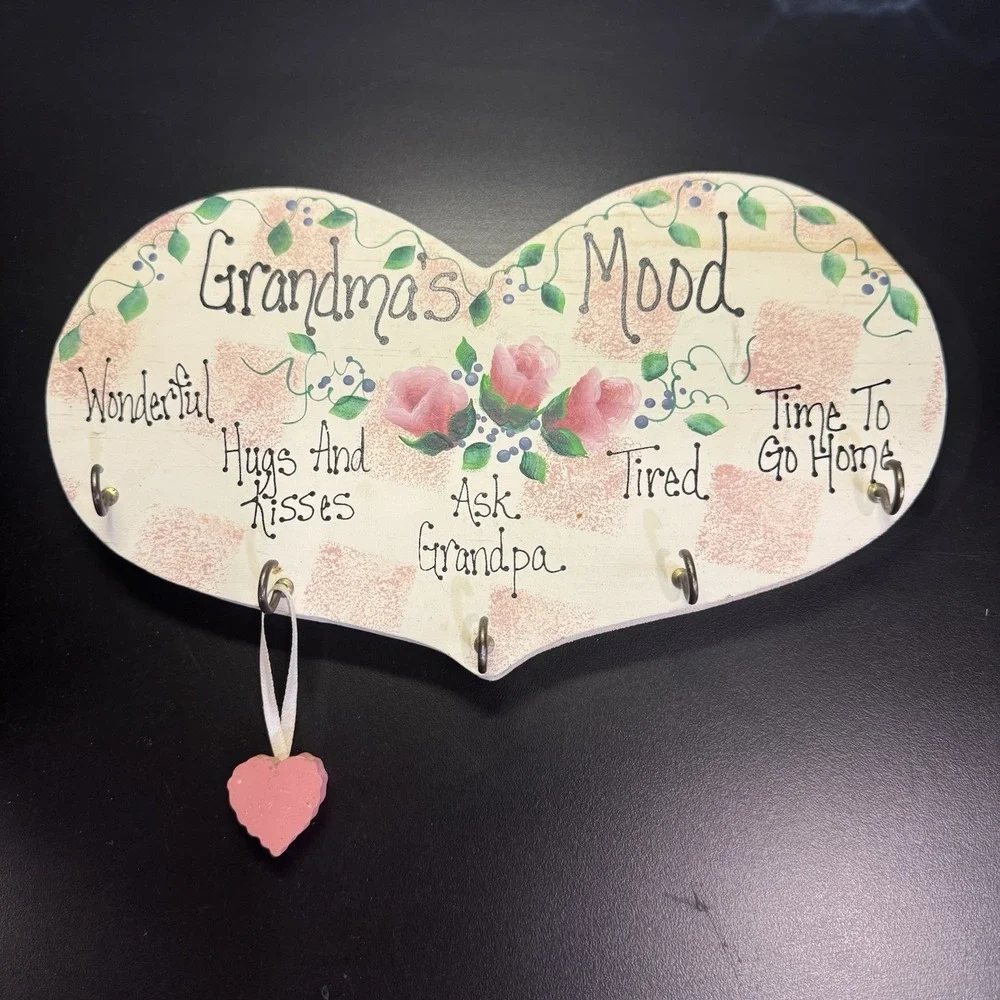 Vtg Hand Painted Wooden Heart Wall Plaque Grandma's Mood Granny Core